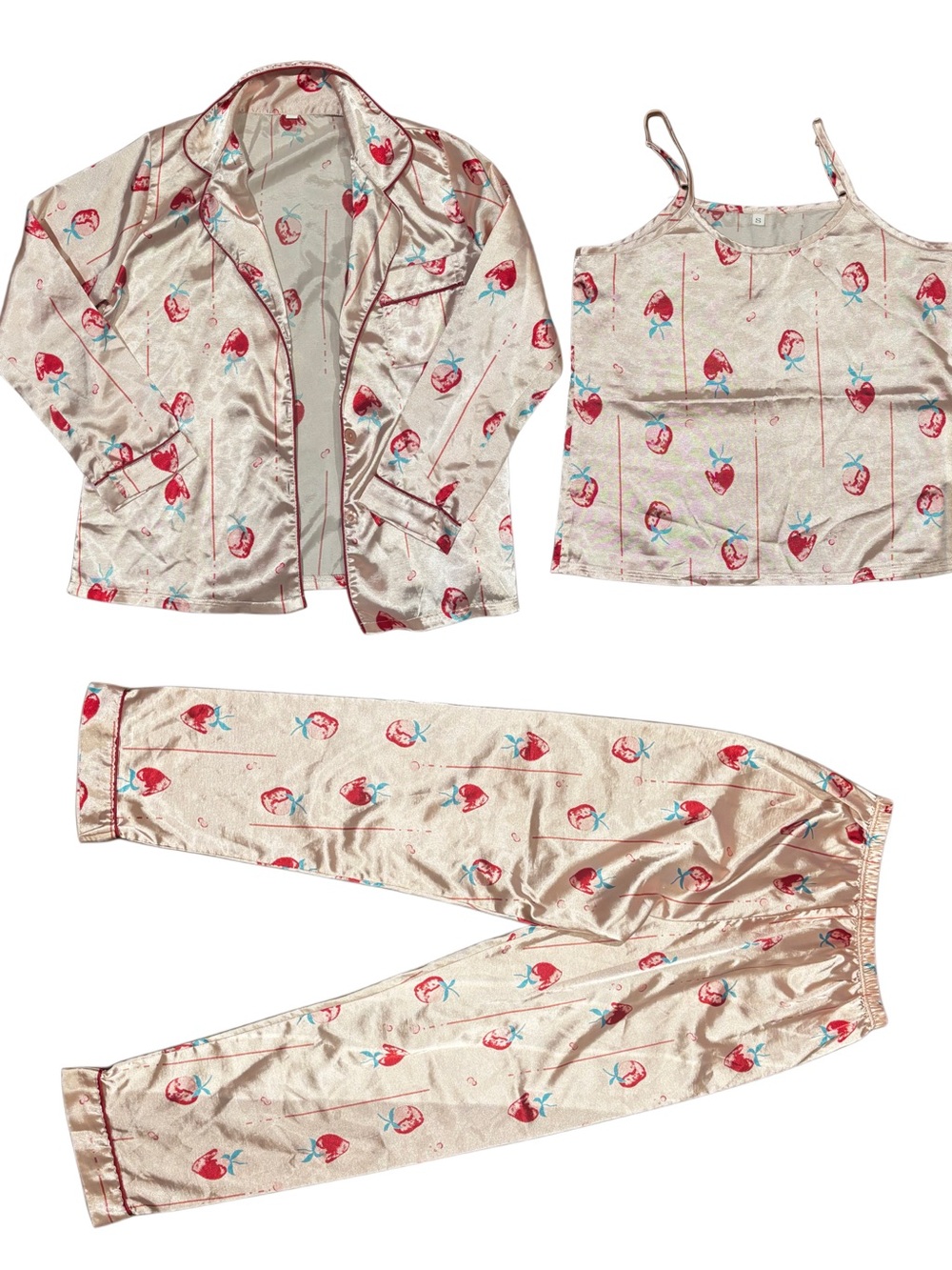 3 Piece Strawberry Print Pajama Set - Light Pink